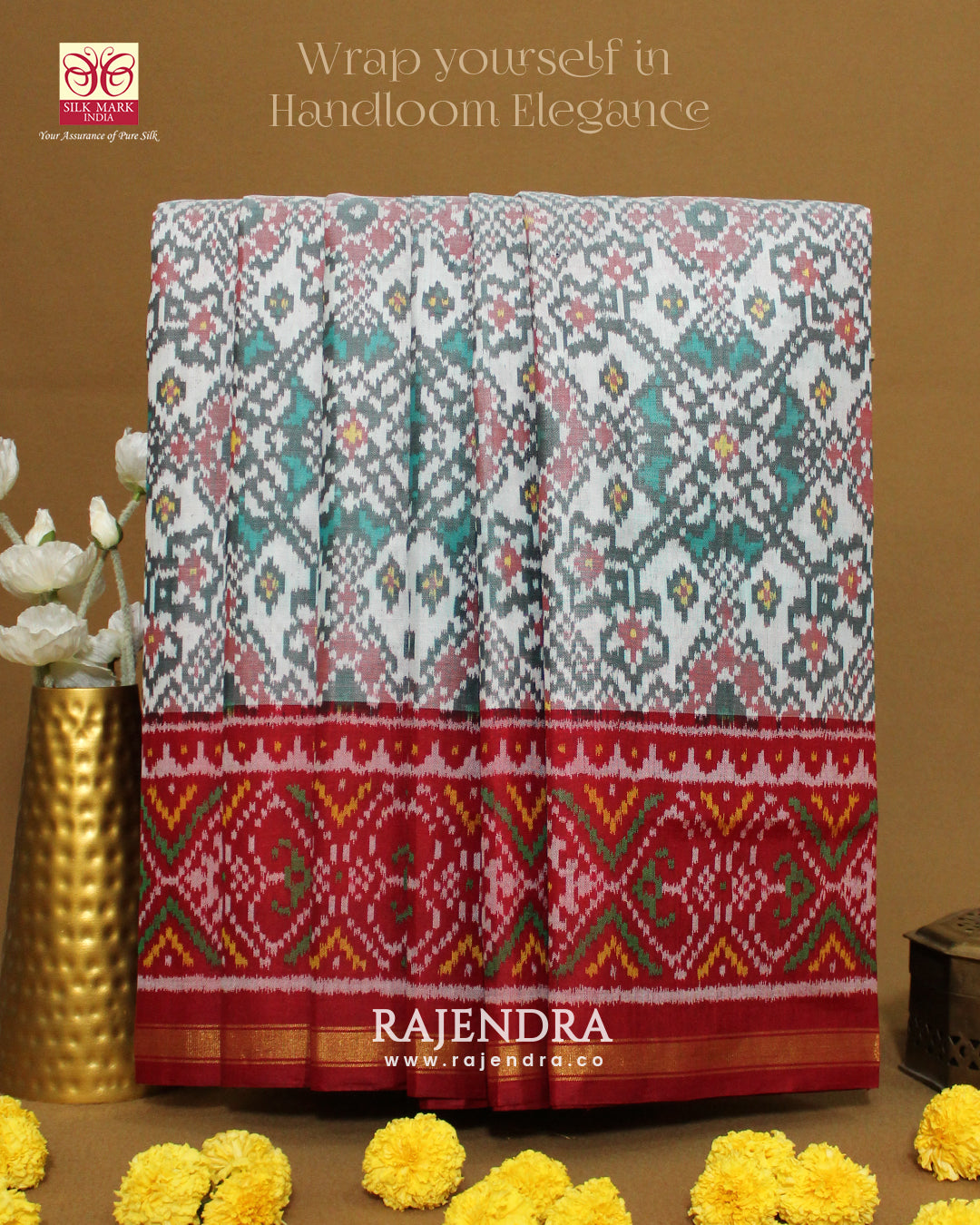 Traditional Navratna Bhat Red and White Single Ikat Rajkot Patola Saree