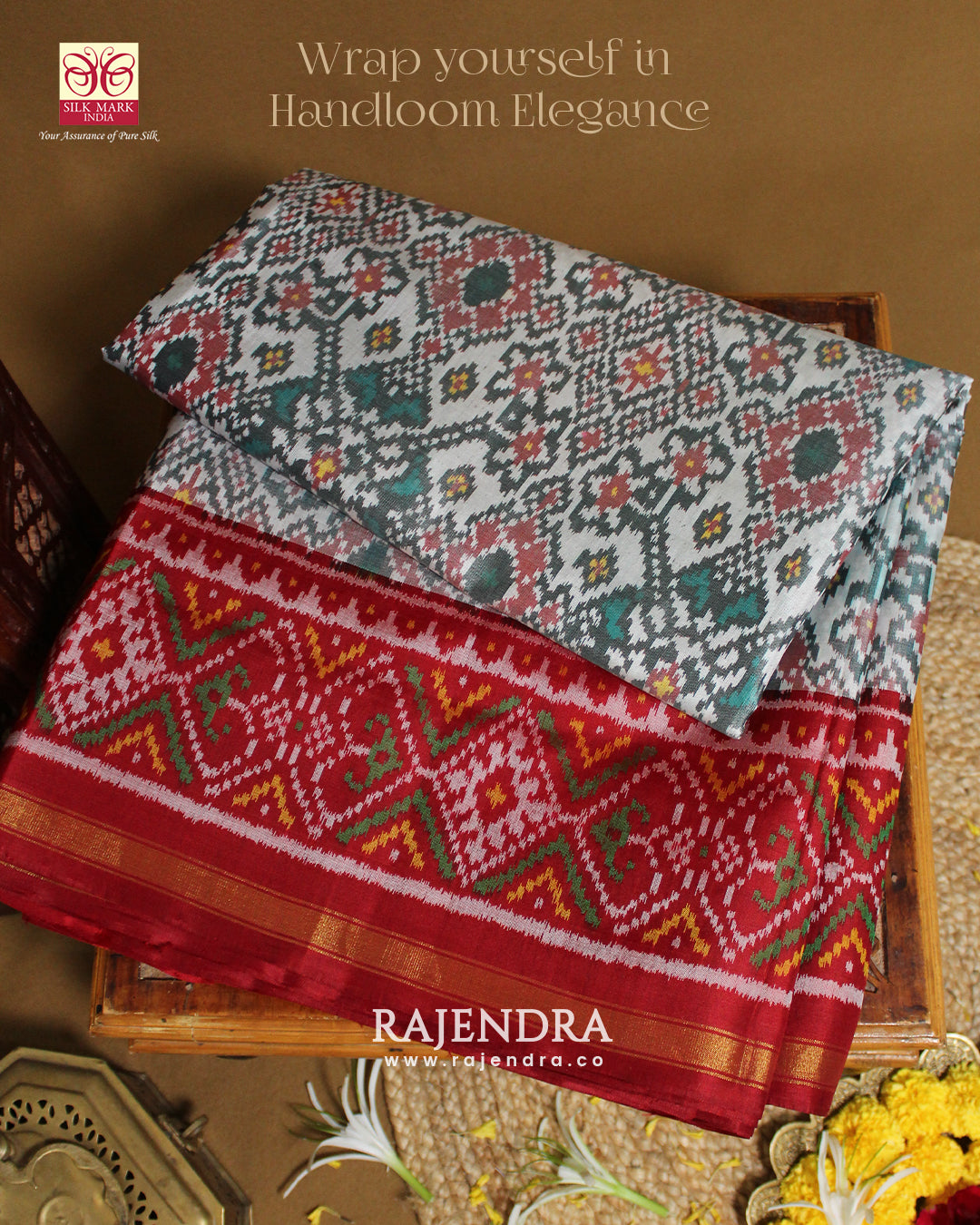 Traditional Navratna Bhat Red and White Single Ikat Rajkot Patola Saree