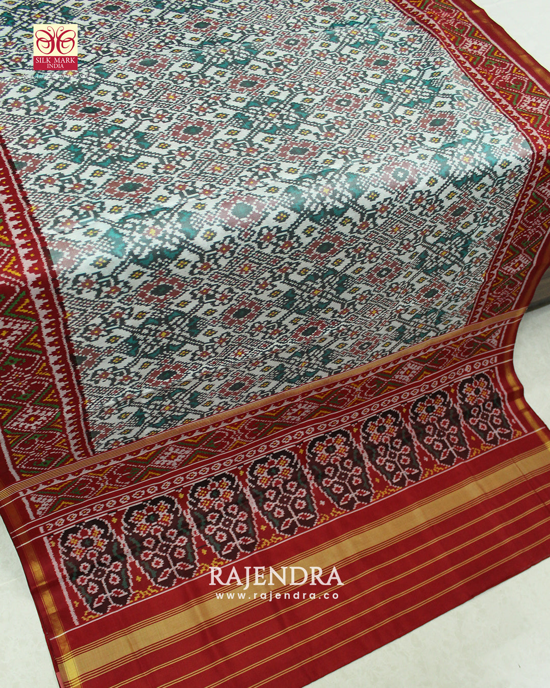 Traditional Navratna Bhat Red and White Single Ikat Rajkot Patola Saree