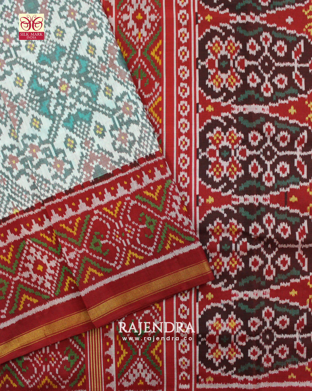 Traditional Navratna Bhat Red and White Single Ikat Rajkot Patola Saree