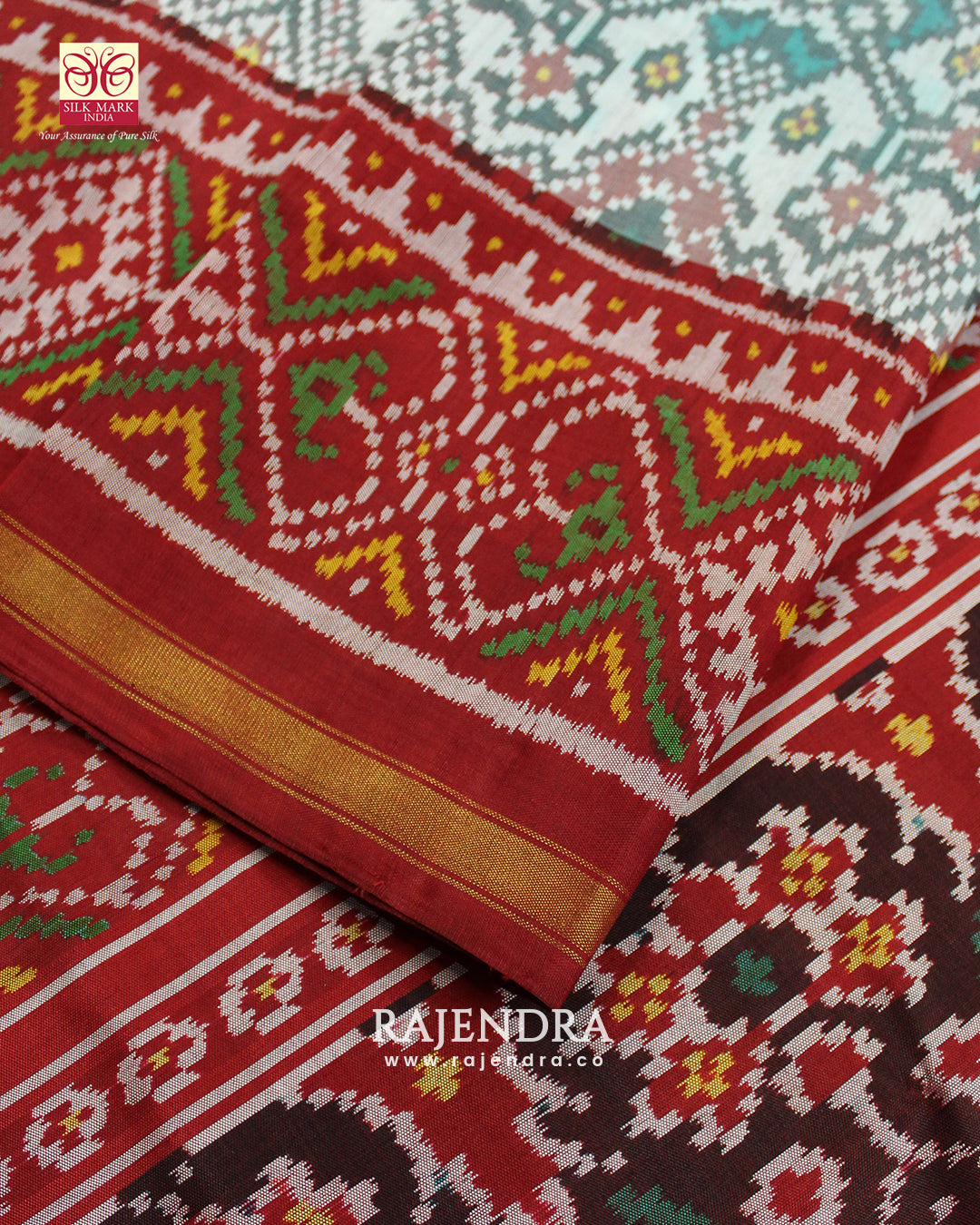 Traditional Navratna Bhat Red and White Single Ikat Rajkot Patola Saree