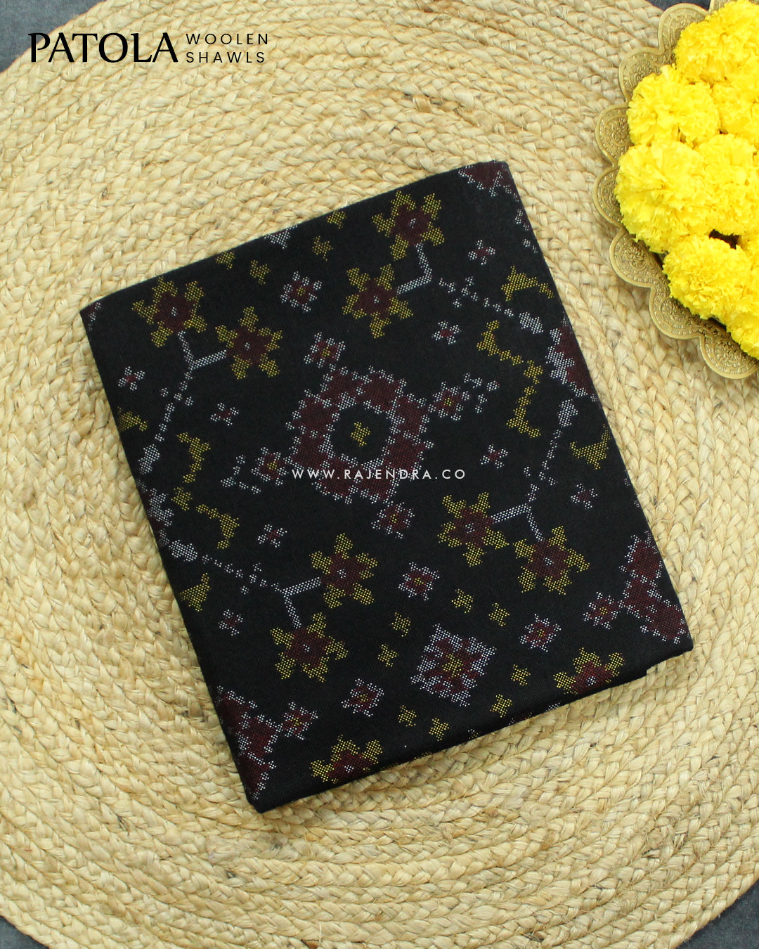 Handwoven Navratna Design Black Woolen Patola Shawls