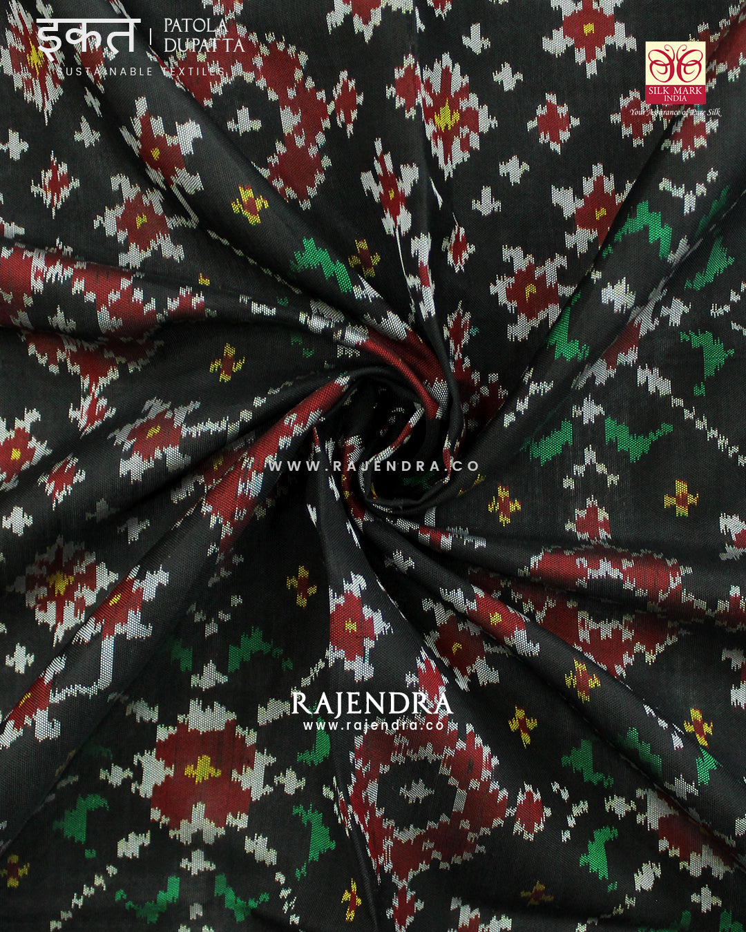 Traditional Navratna Design Black Semi Double Ikat Rajkot Patola Dupatta
