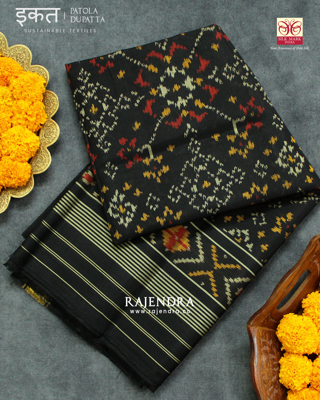 Traditional Navratna Design Black Single Ikat Rajkot Patola Dupatta