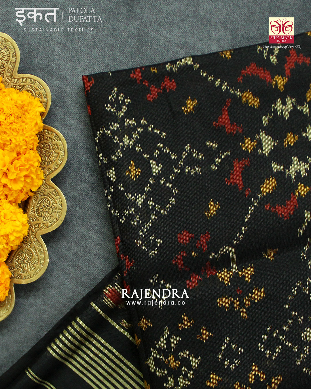 Traditional Navratna Design Black Single Ikat Rajkot Patola Dupatta