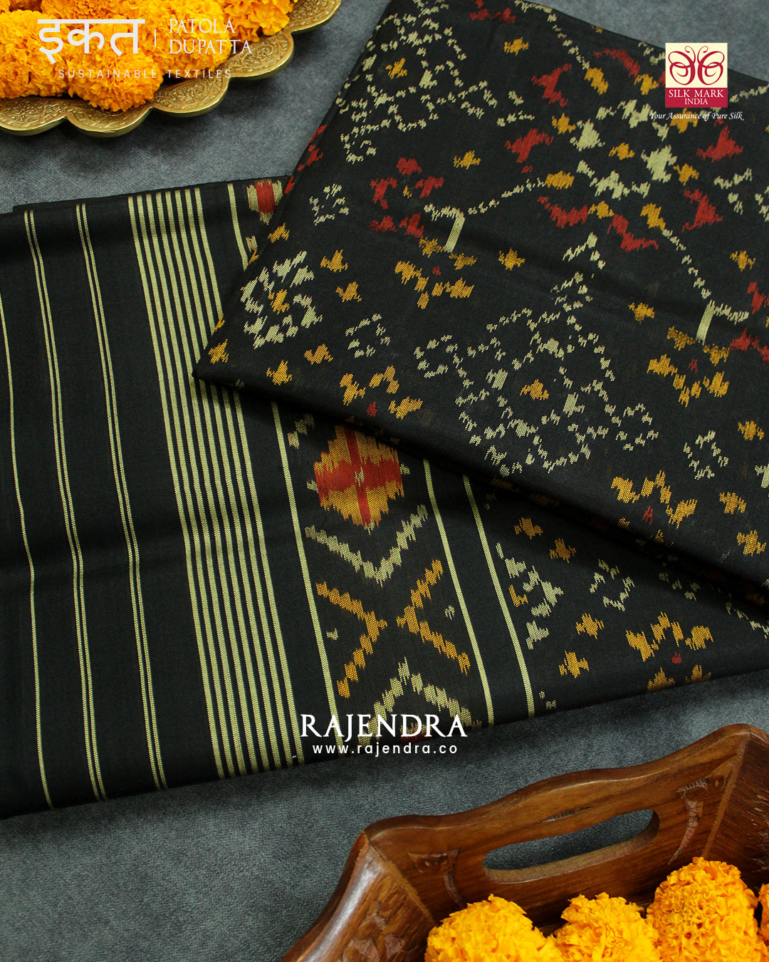 Traditional Navratna Design Black Single Ikat Rajkot Patola Dupatta