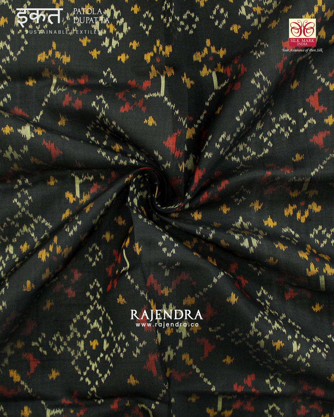 Traditional Navratna Design Black Single Ikat Rajkot Patola Dupatta