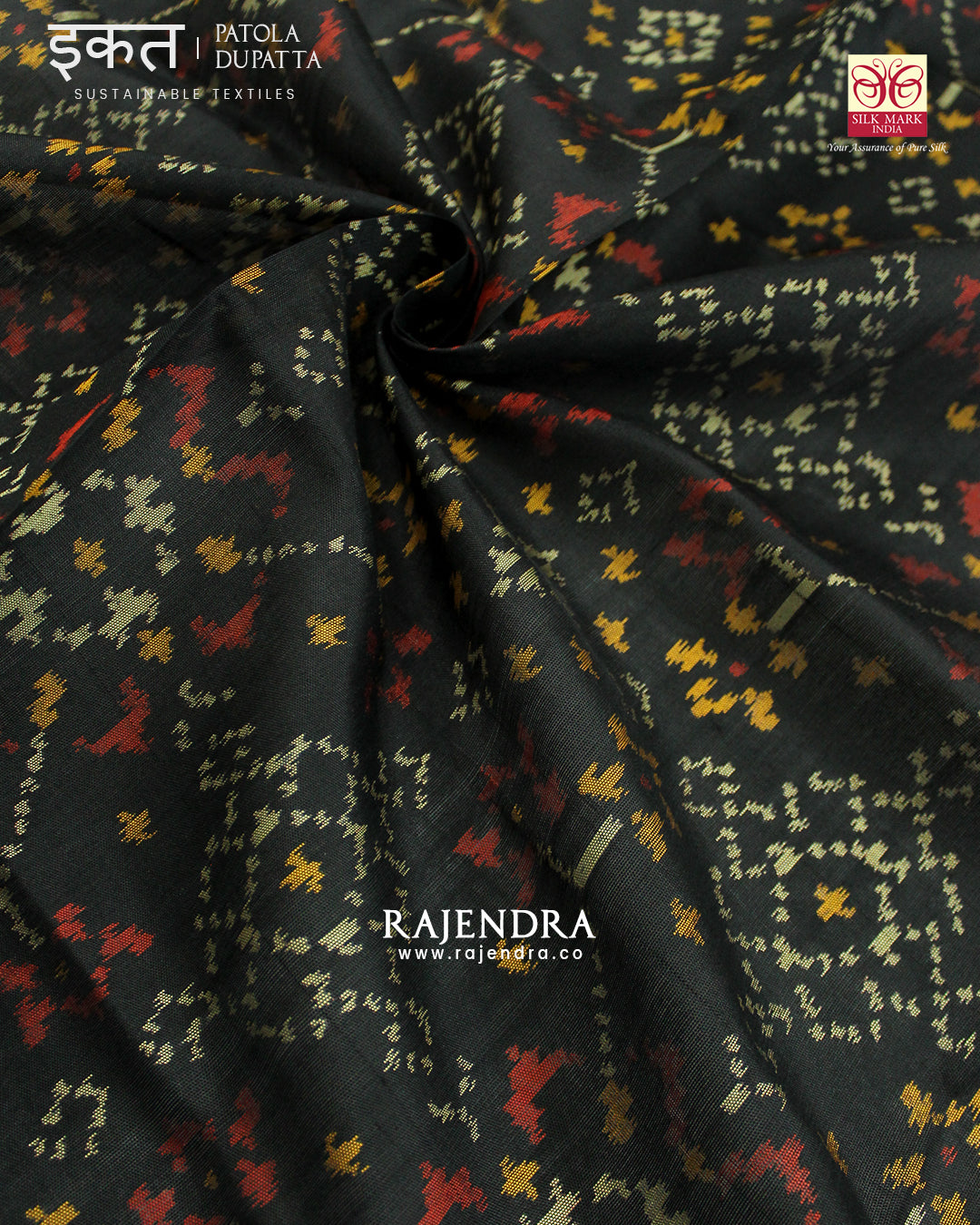 Traditional Navratna Design Black Single Ikat Rajkot Patola Dupatta