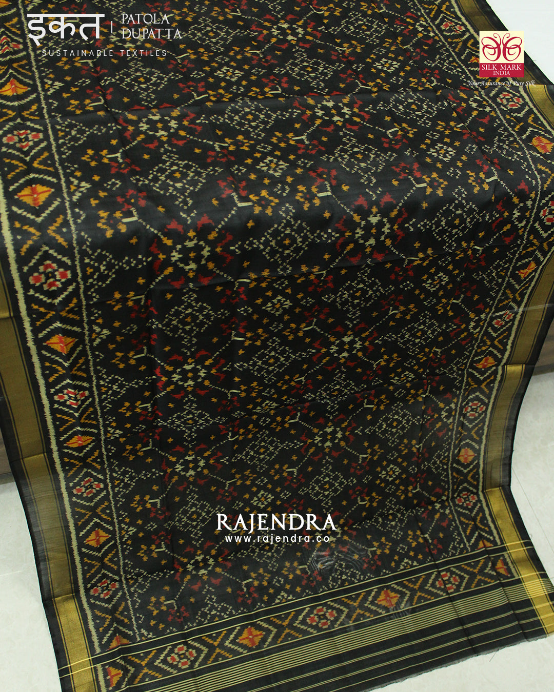 Traditional Navratna Design Black Single Ikat Rajkot Patola Dupatta