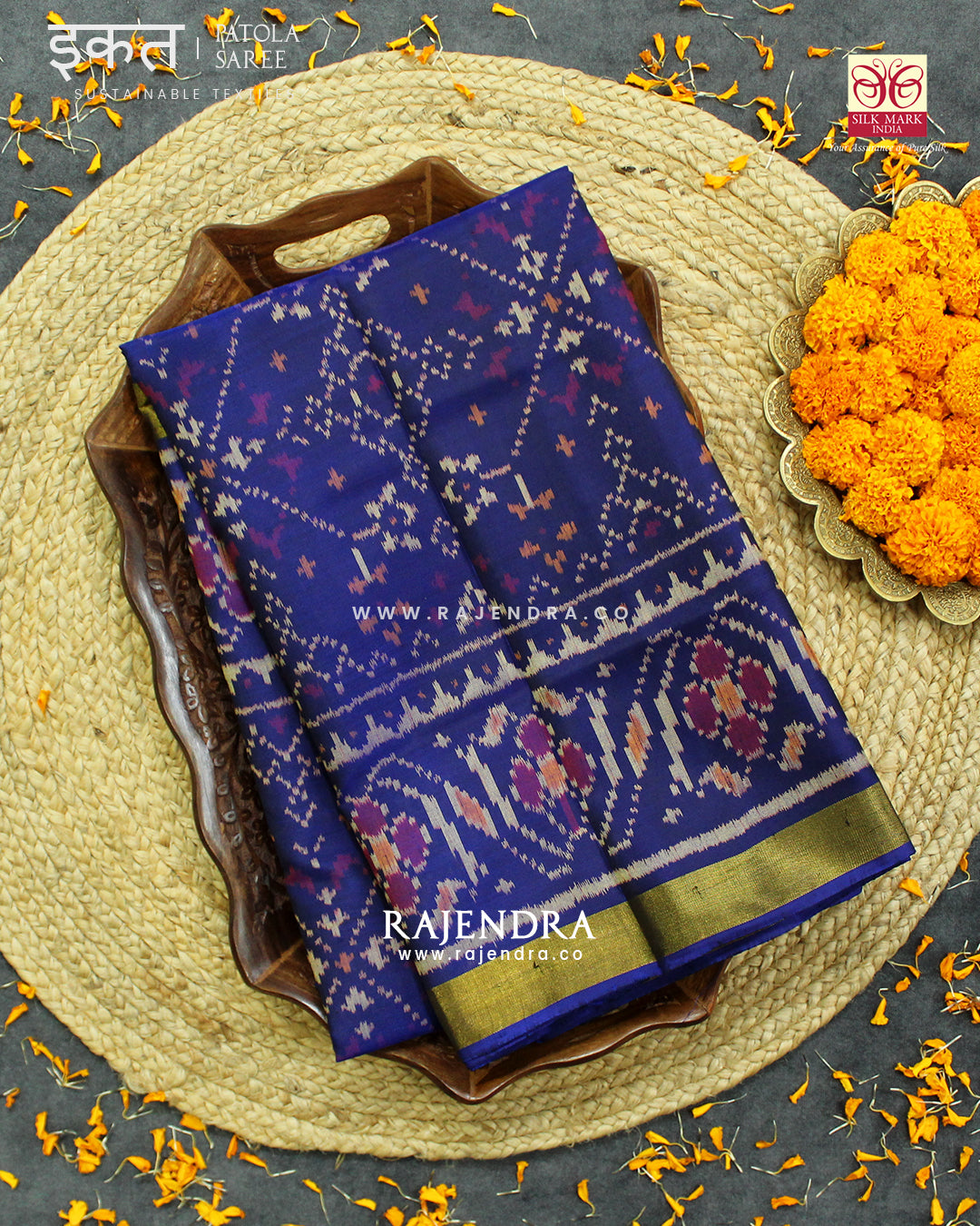 Traditional Navratna Design Blue Single Ikat Rajkot Patola Saree
