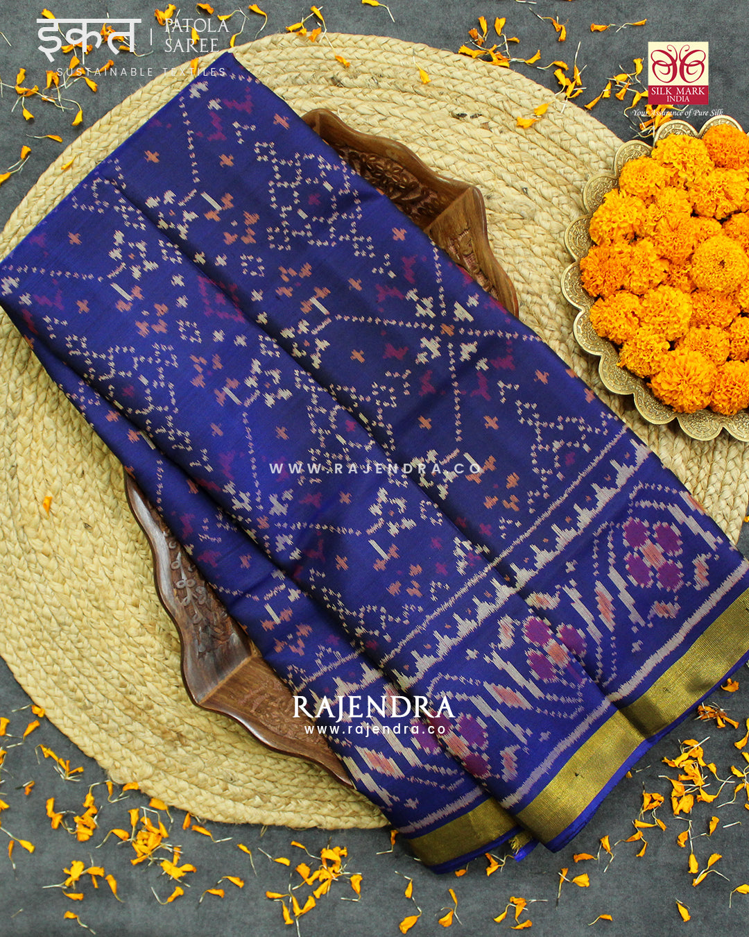 Traditional Navratna Design Blue Single Ikat Rajkot Patola Saree