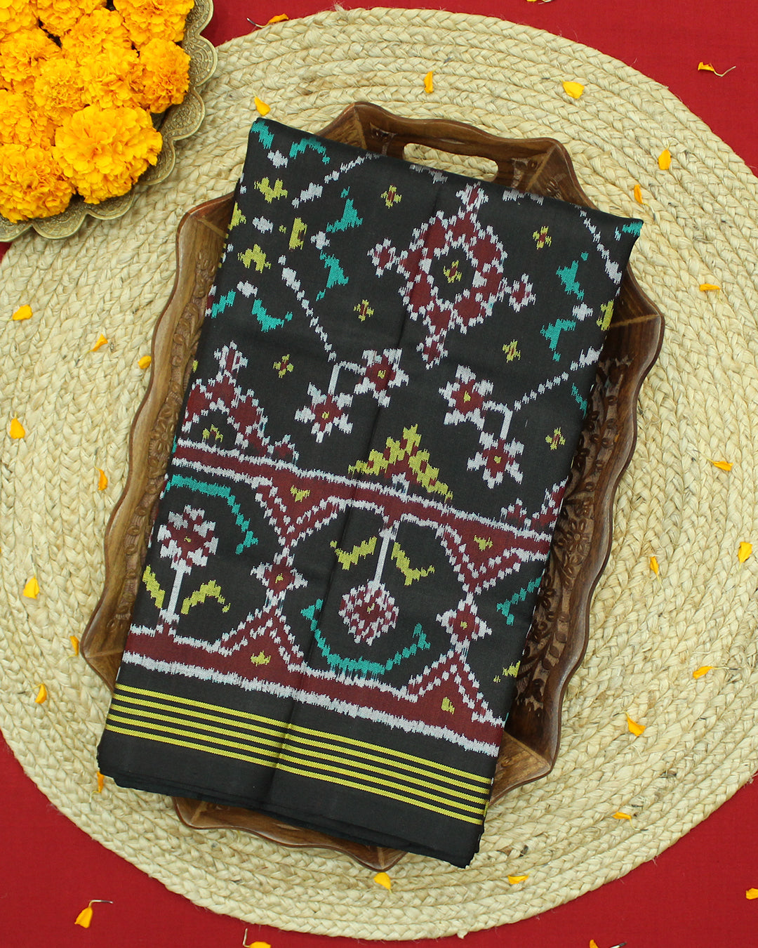 Traditional Navratna Design Black Ikat Rajkot Patola Saree