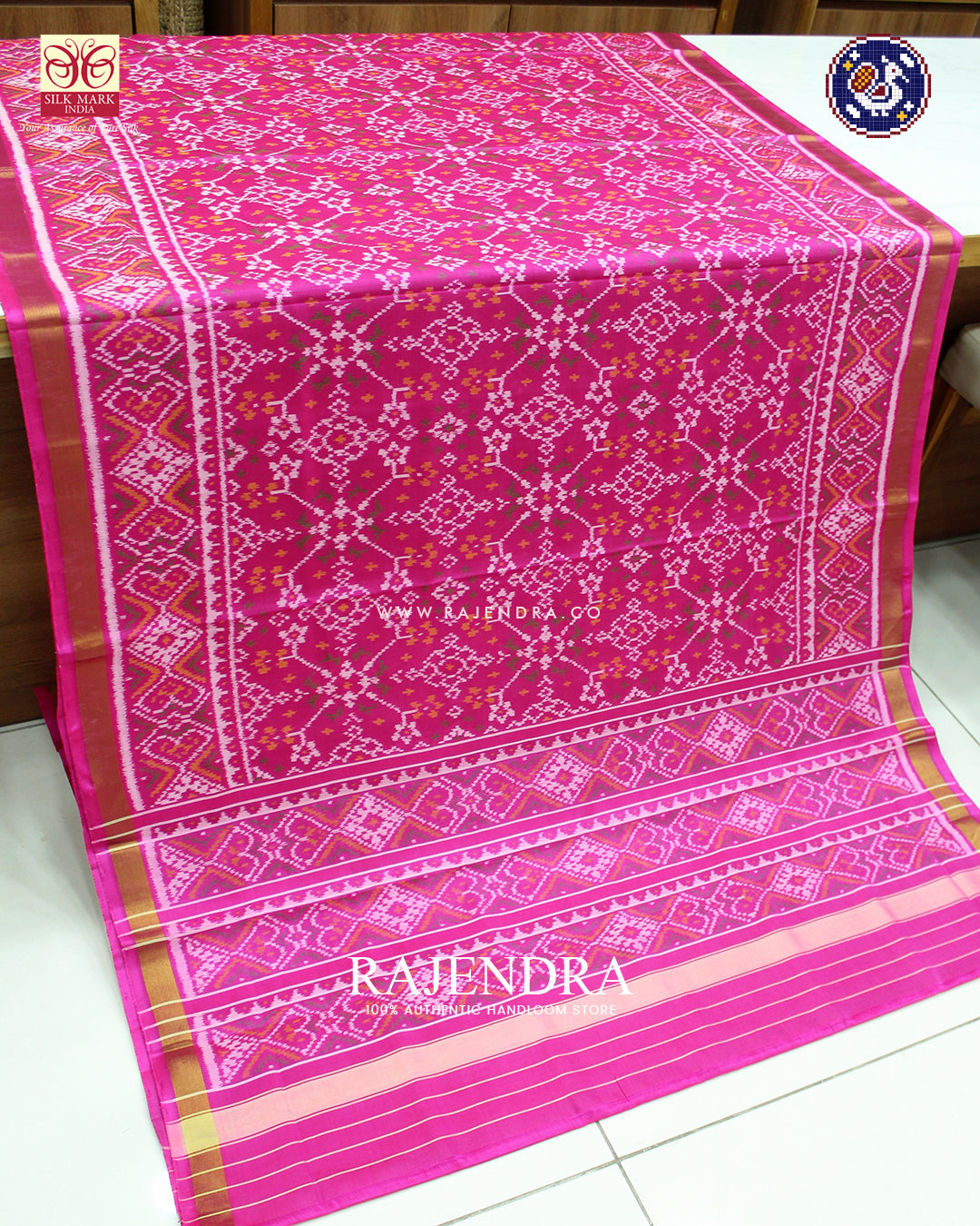 Traditional Navratna Design Pink Rajkot Patola Saree