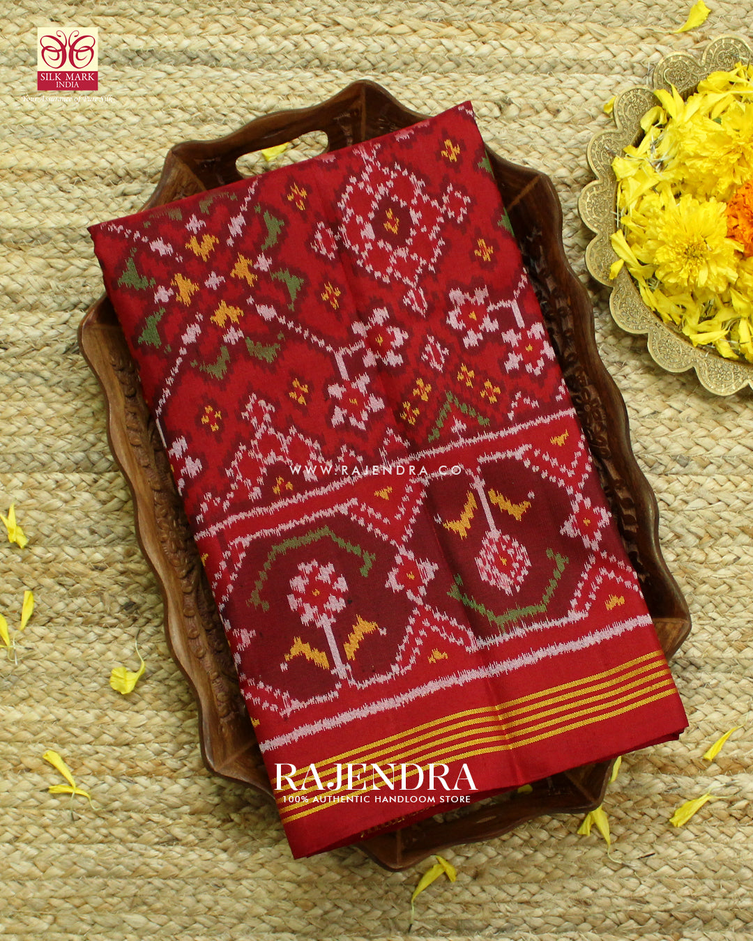 Traditional Navratna Bhat Red Semi Double Ikat Rajkot Patola Saree