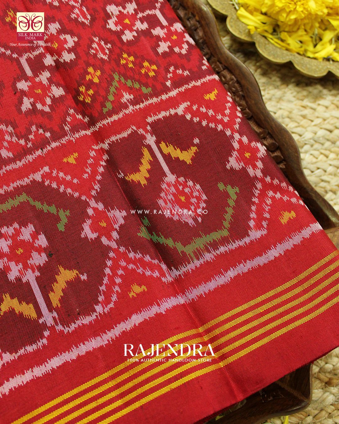 Traditional Navratna Bhat Red Semi Double Ikat Rajkot Patola Saree