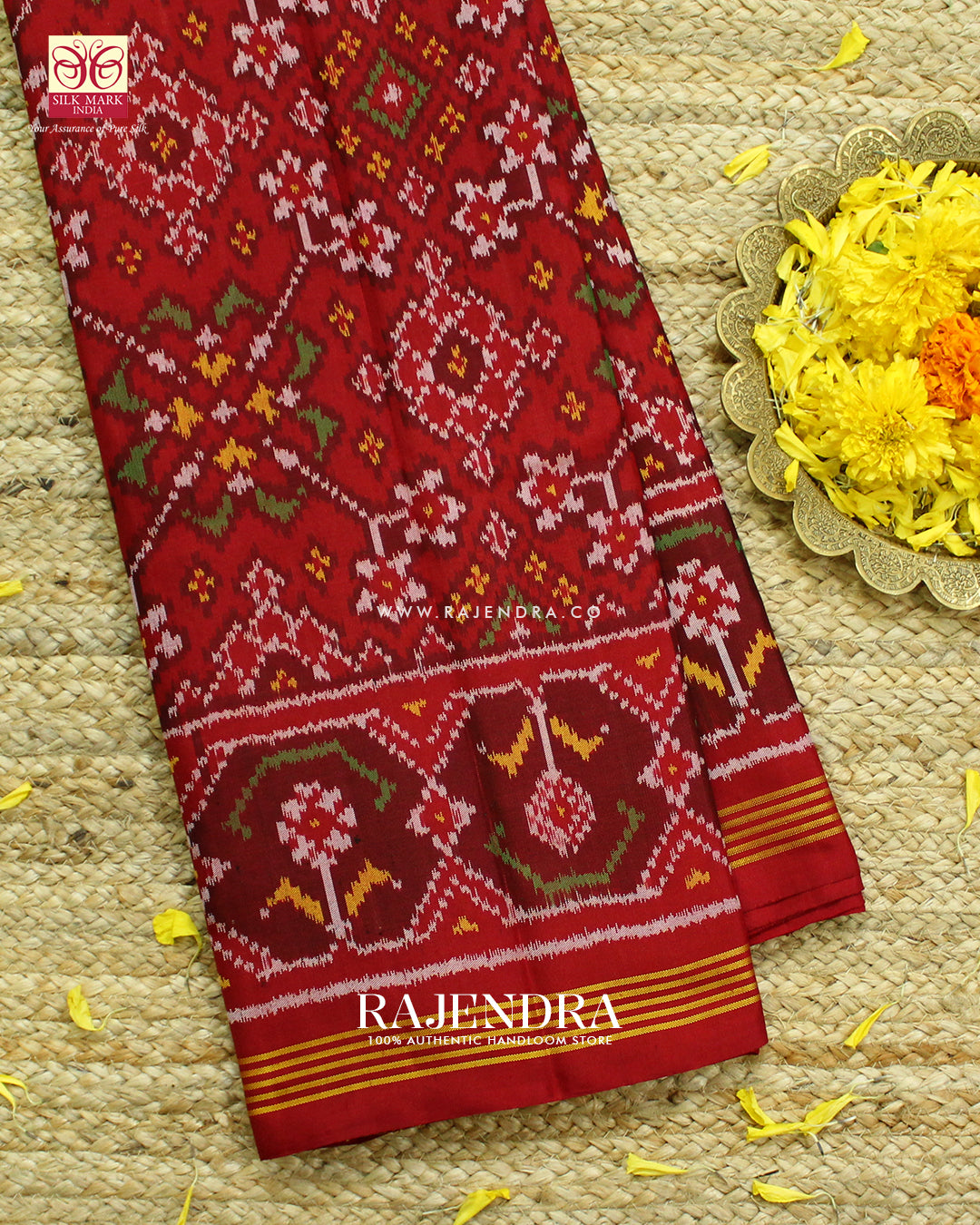 Traditional Navratna Bhat Red Semi Double Ikat Rajkot Patola Saree