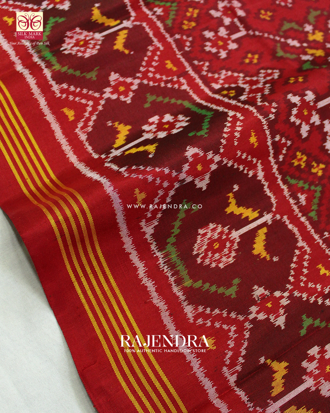 Traditional Navratna Bhat Red Semi Double Ikat Rajkot Patola Saree