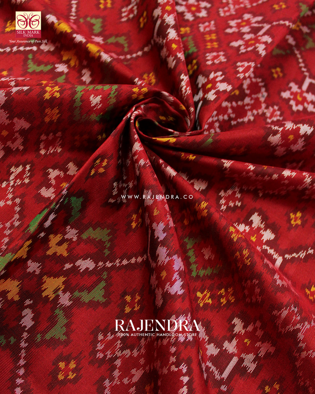 Traditional Navratna Bhat Red Semi Double Ikat Rajkot Patola Saree