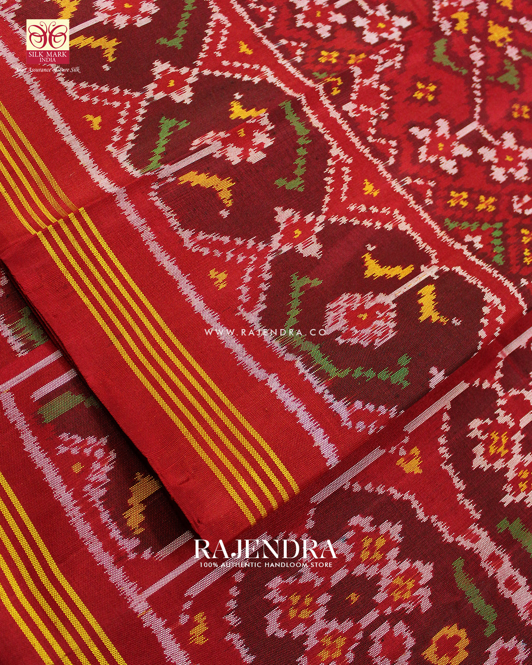 Traditional Navratna Bhat Red Semi Double Ikat Rajkot Patola Saree