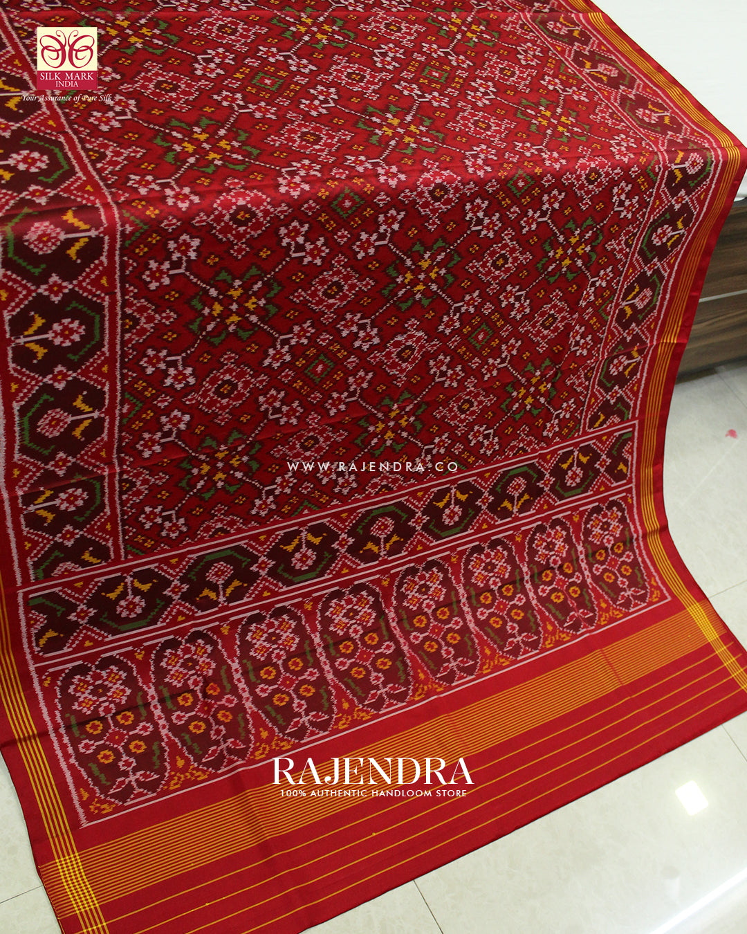 Traditional Navratna Bhat Red Semi Double Ikat Rajkot Patola Saree