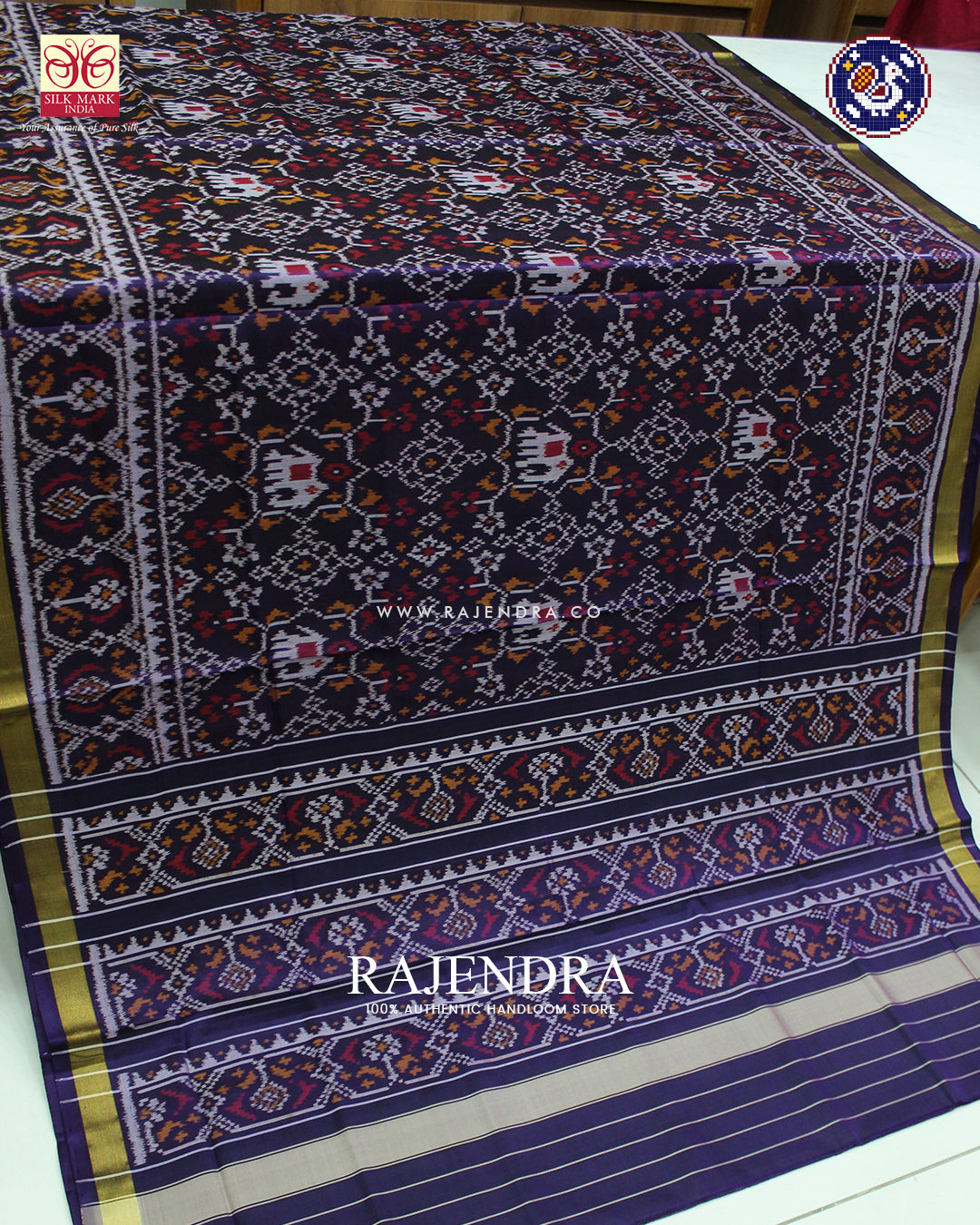 Traditional Navratna Elephant Motif Dark Purple Rajkot Patola Saree