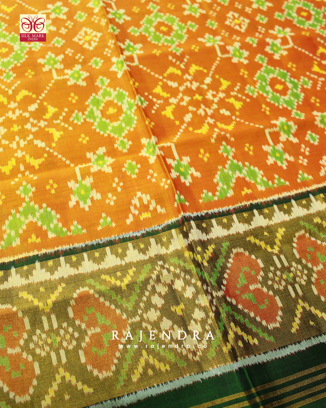 Handwoven Navratna Design Green and Golden Single Ikat Rajkot Patola Saree