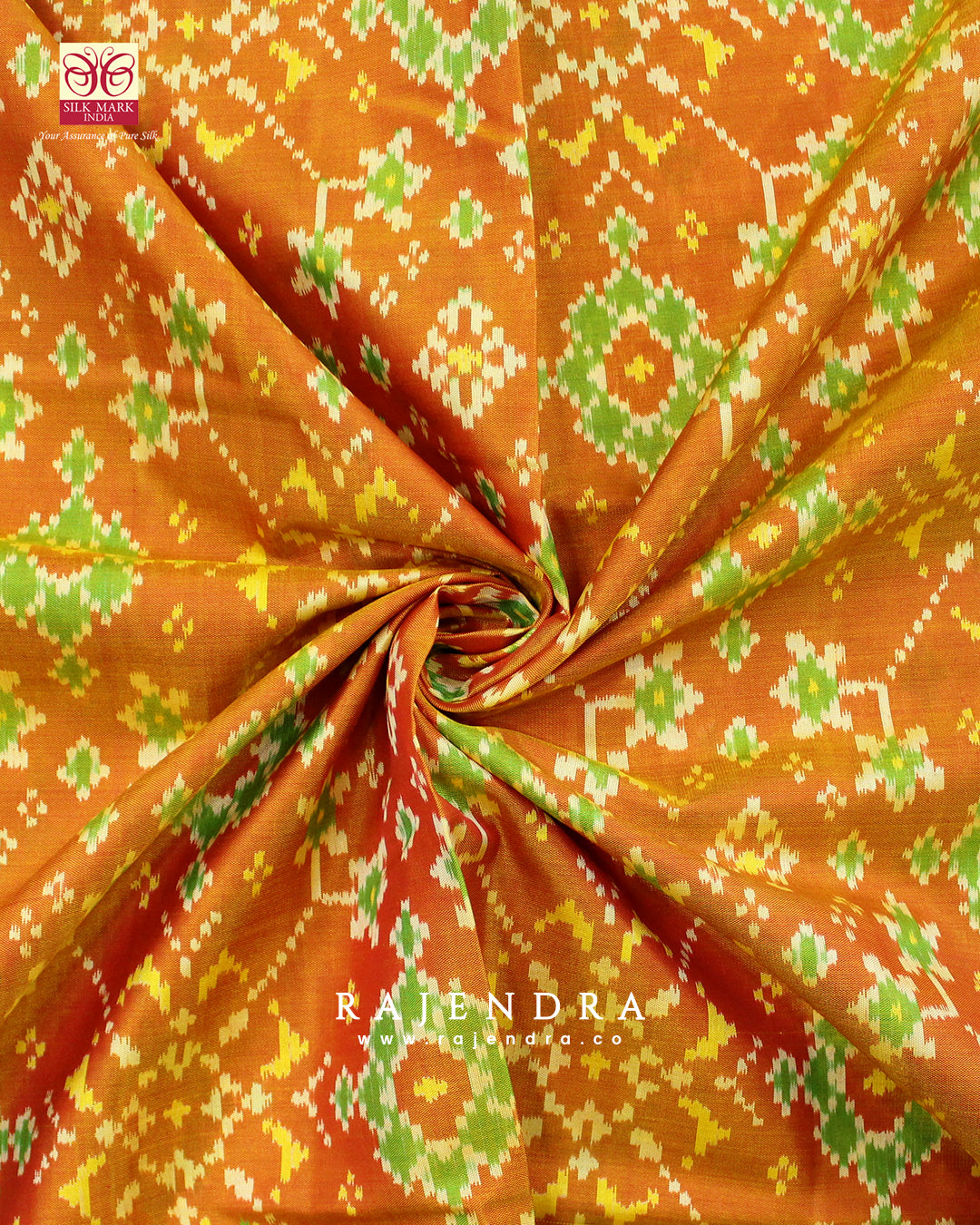 Handwoven Navratna Design Green and Golden Single Ikat Rajkot Patola Saree