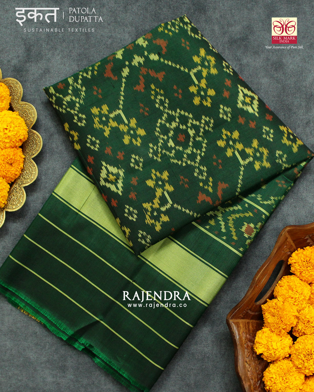 Traditional Navratna Green Single Ikat Rajkot Patola Dupatta