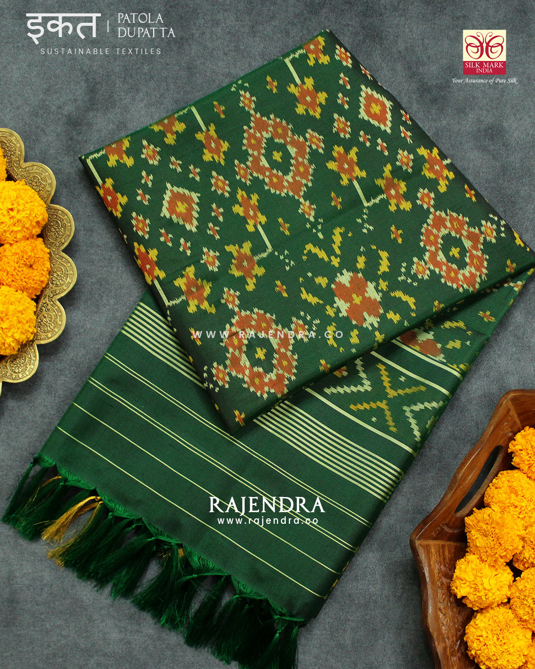 Traditional Navratna Green Single Ikat Rajkot Patola Dupatta