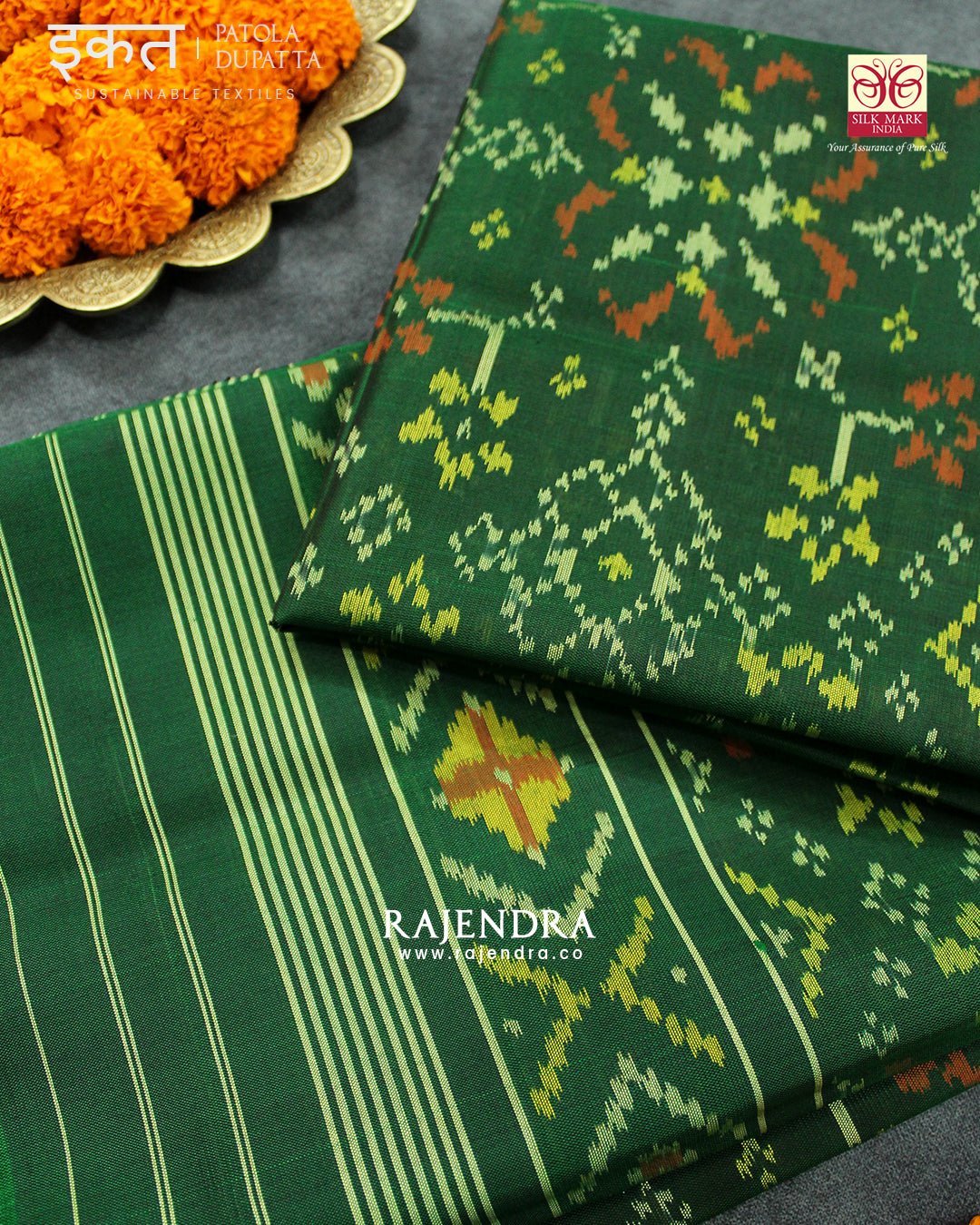 Traditional Navratna Bhat Green Single Ikat Rajkot Patola Dupatta