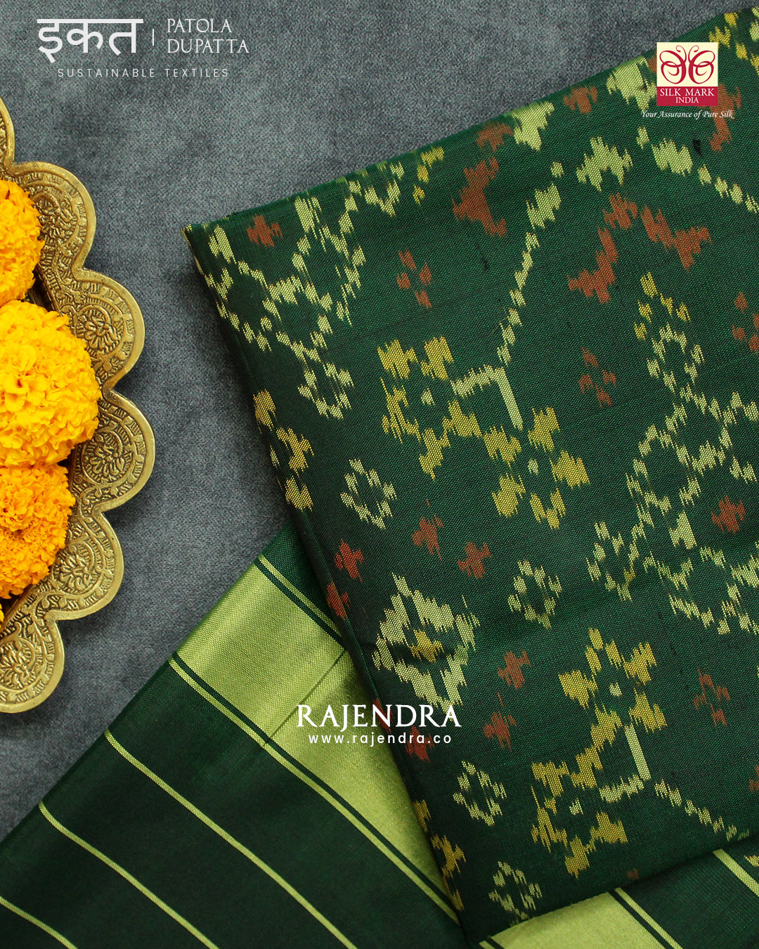 Traditional Navratna Green Single Ikat Rajkot Patola Dupatta