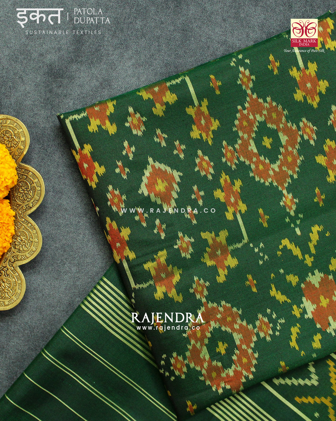 Traditional Navratna Green Single Ikat Rajkot Patola Dupatta