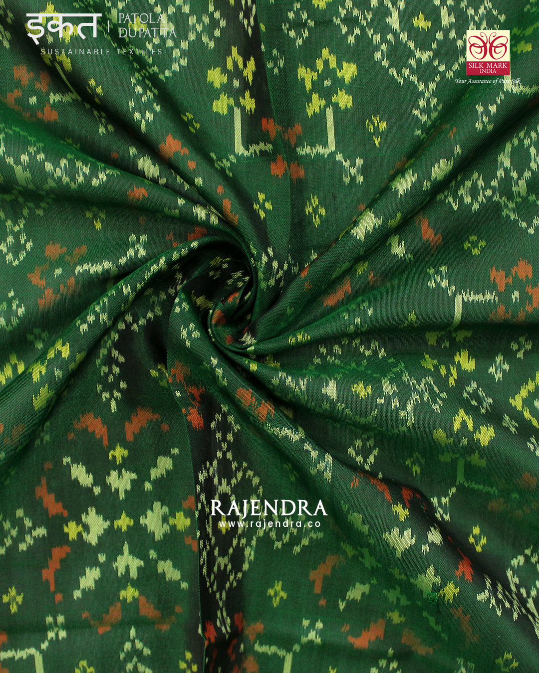 Traditional Navratna Bhat Green Single Ikat Rajkot Patola Dupatta
