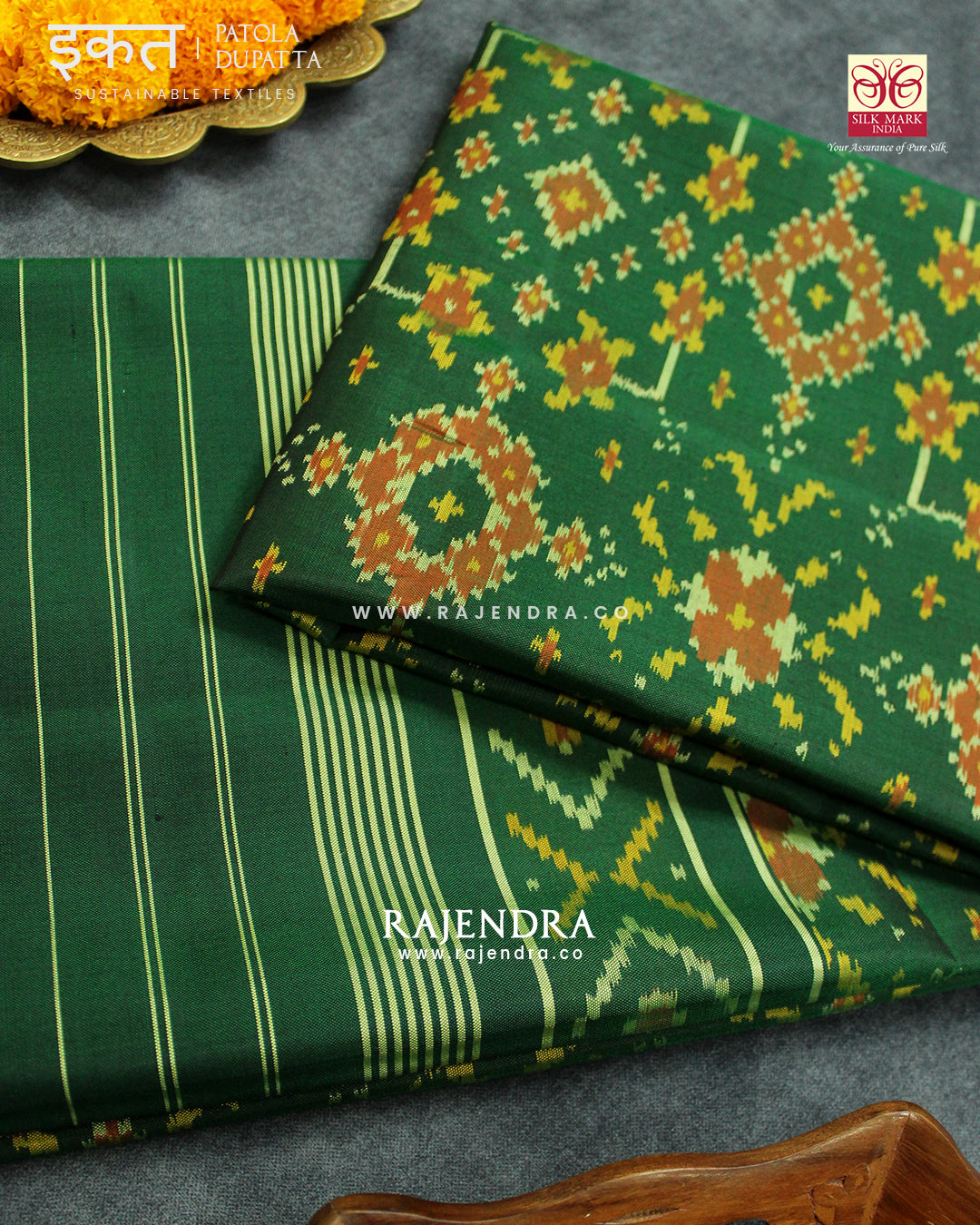 Traditional Navratna Green Single Ikat Rajkot Patola Dupatta