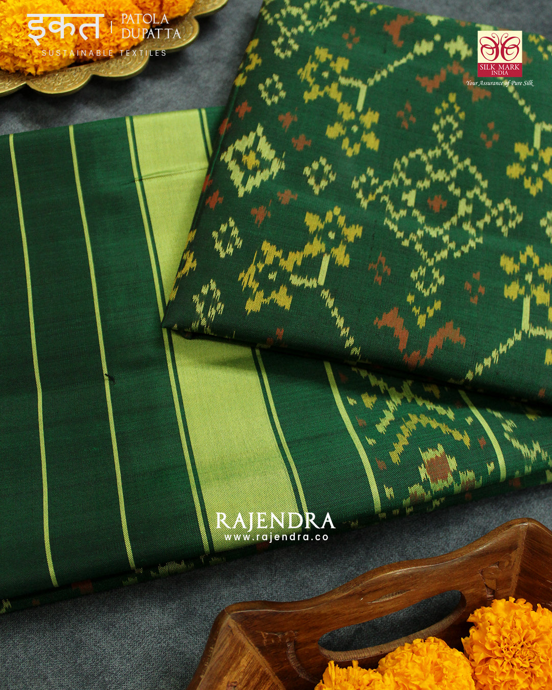 Traditional Navratna Green Single Ikat Rajkot Patola Dupatta