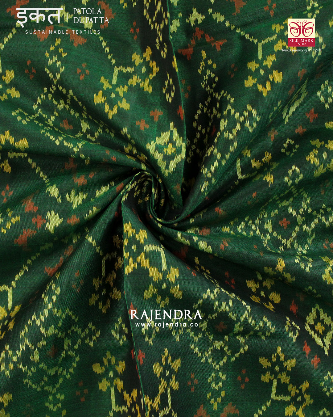 Traditional Navratna Green Single Ikat Rajkot Patola Dupatta