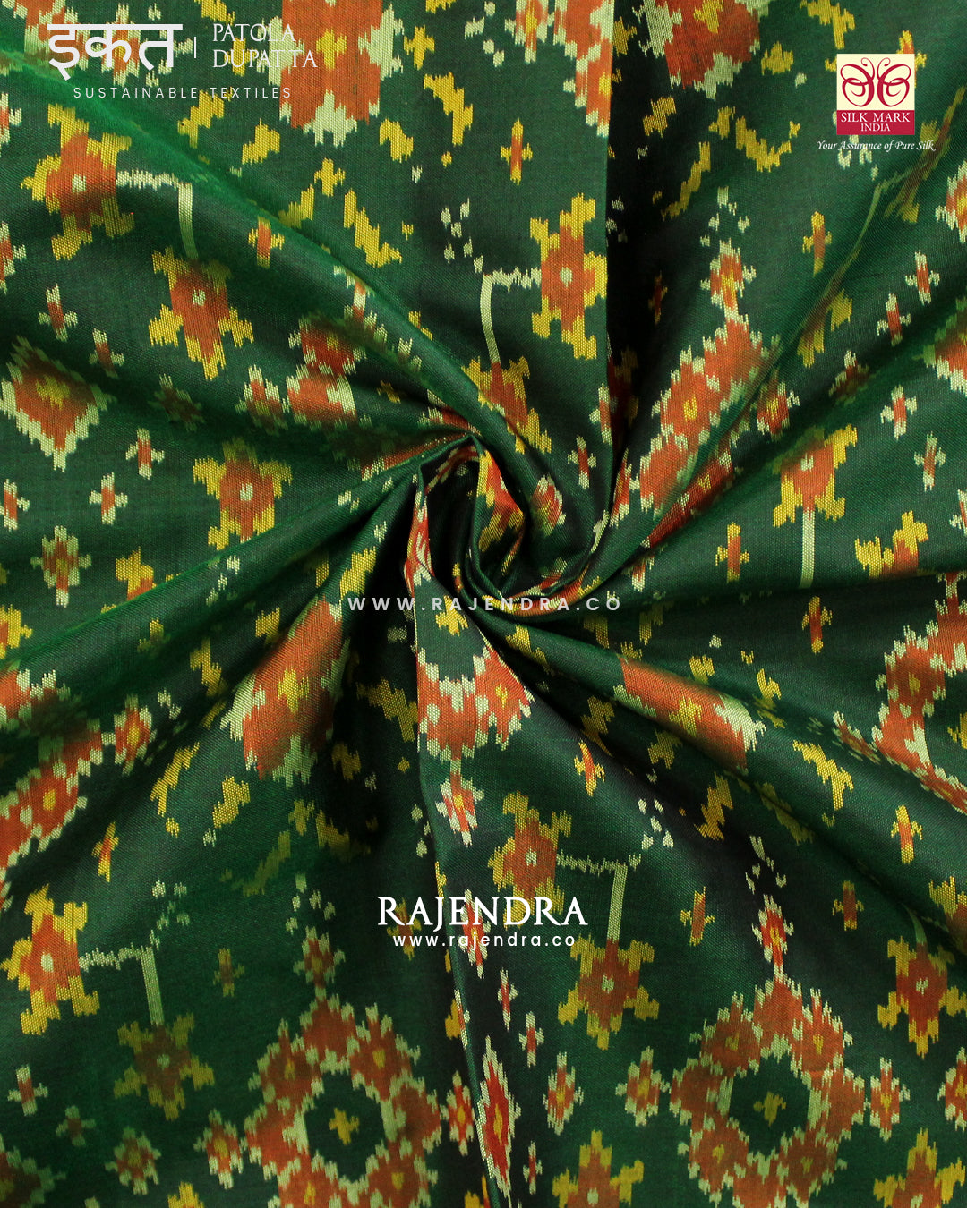 Traditional Navratna Green Single Ikat Rajkot Patola Dupatta