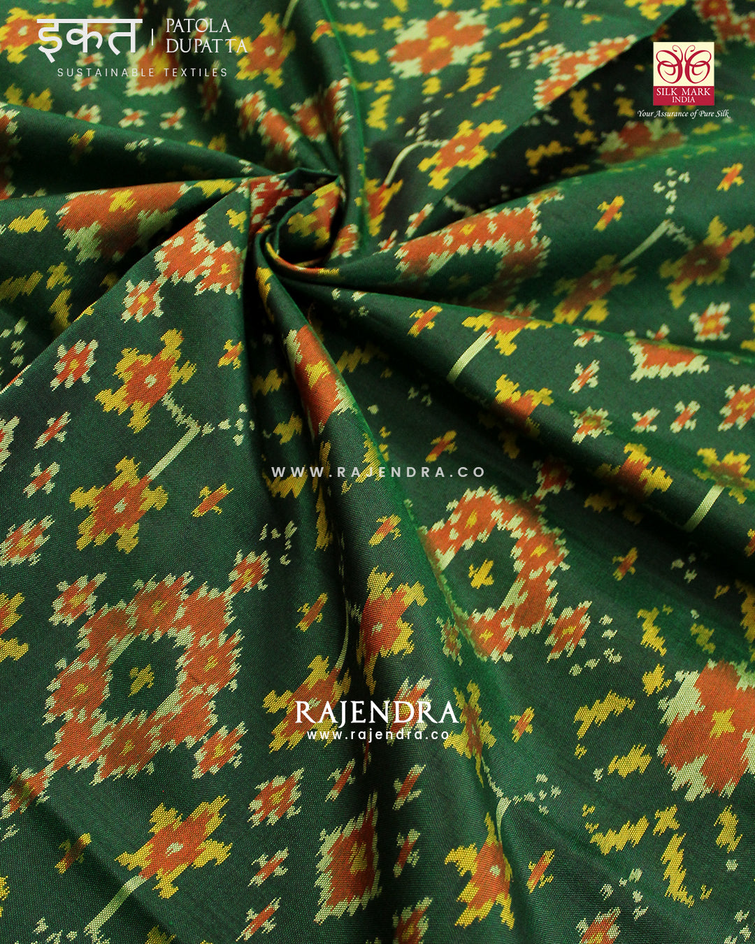 Traditional Navratna Green Single Ikat Rajkot Patola Dupatta