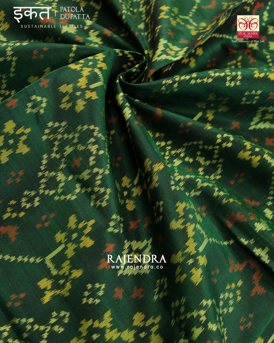 Traditional Navratna Green Single Ikat Rajkot Patola Dupatta