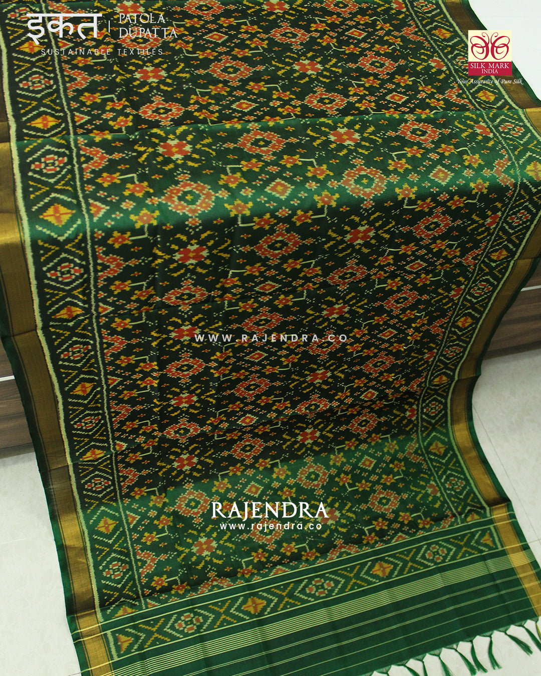 Traditional Navratna Green Single Ikat Rajkot Patola Dupatta