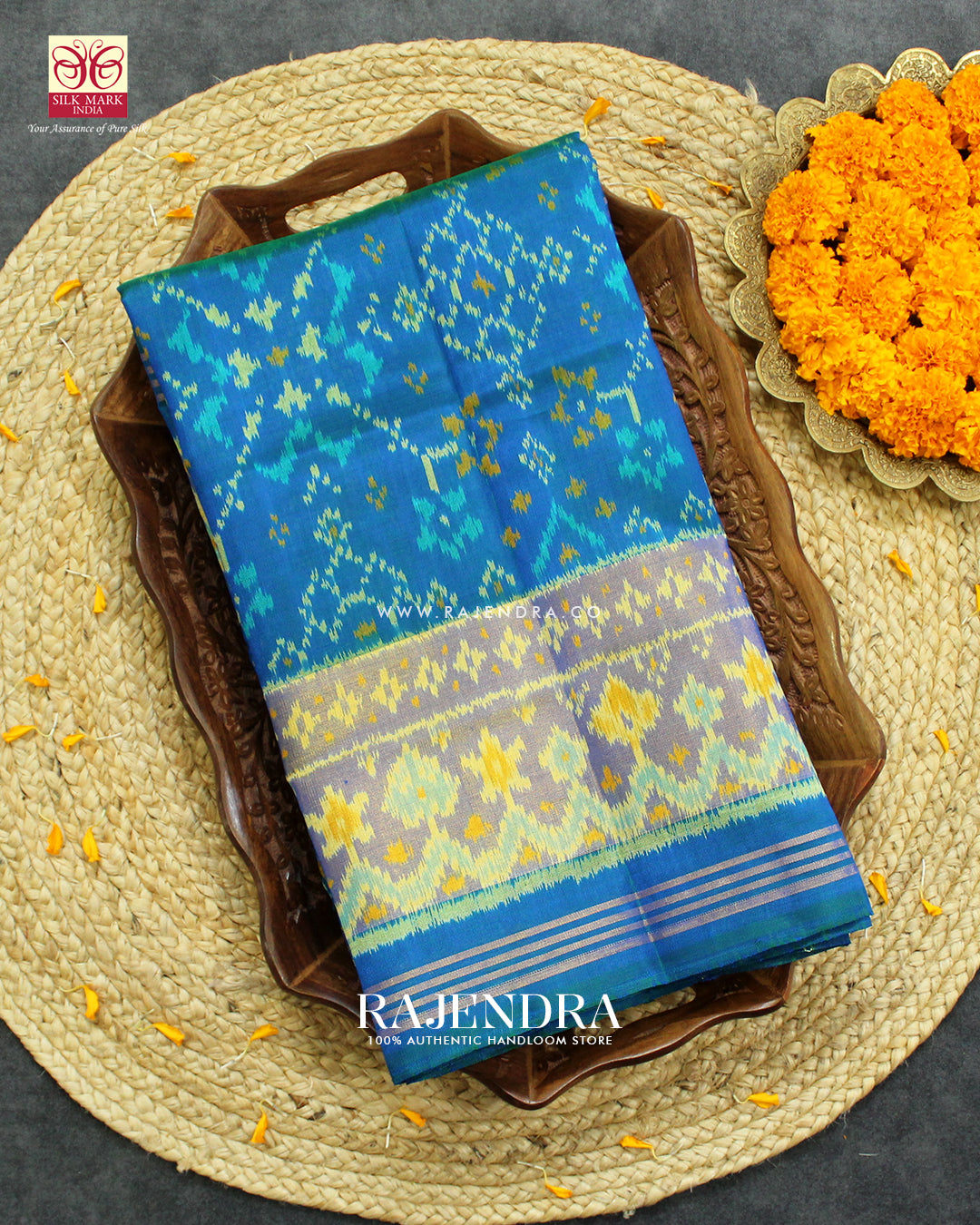 Traditional Navratna Design Light Blue Single Ikat Rajkot Patola Saree