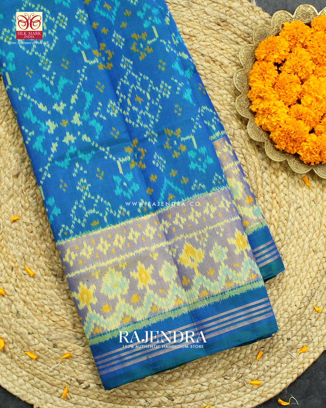 Traditional Navratna Design Light Blue Single Ikat Rajkot Patola Saree
