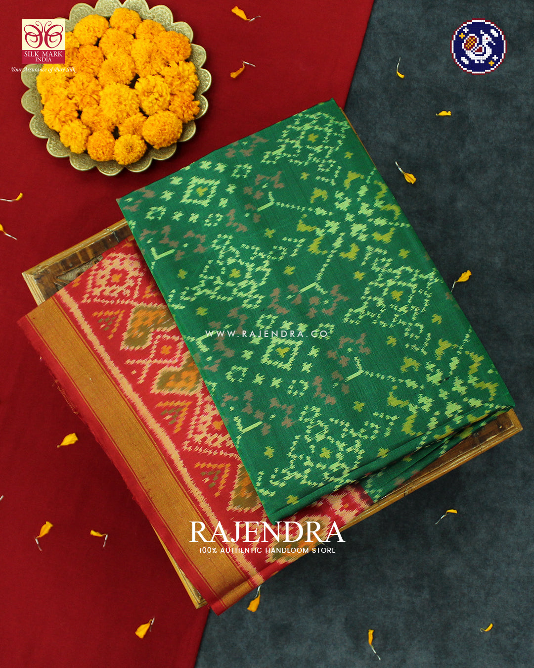 Traditional Navratna Design Red and Light Green Rajkot Patola Saree