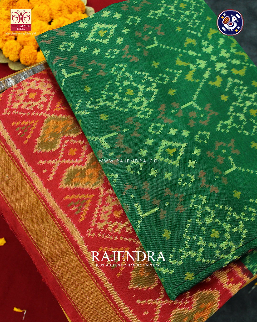 Traditional Navratna Design Red and Light Green Rajkot Patola Saree