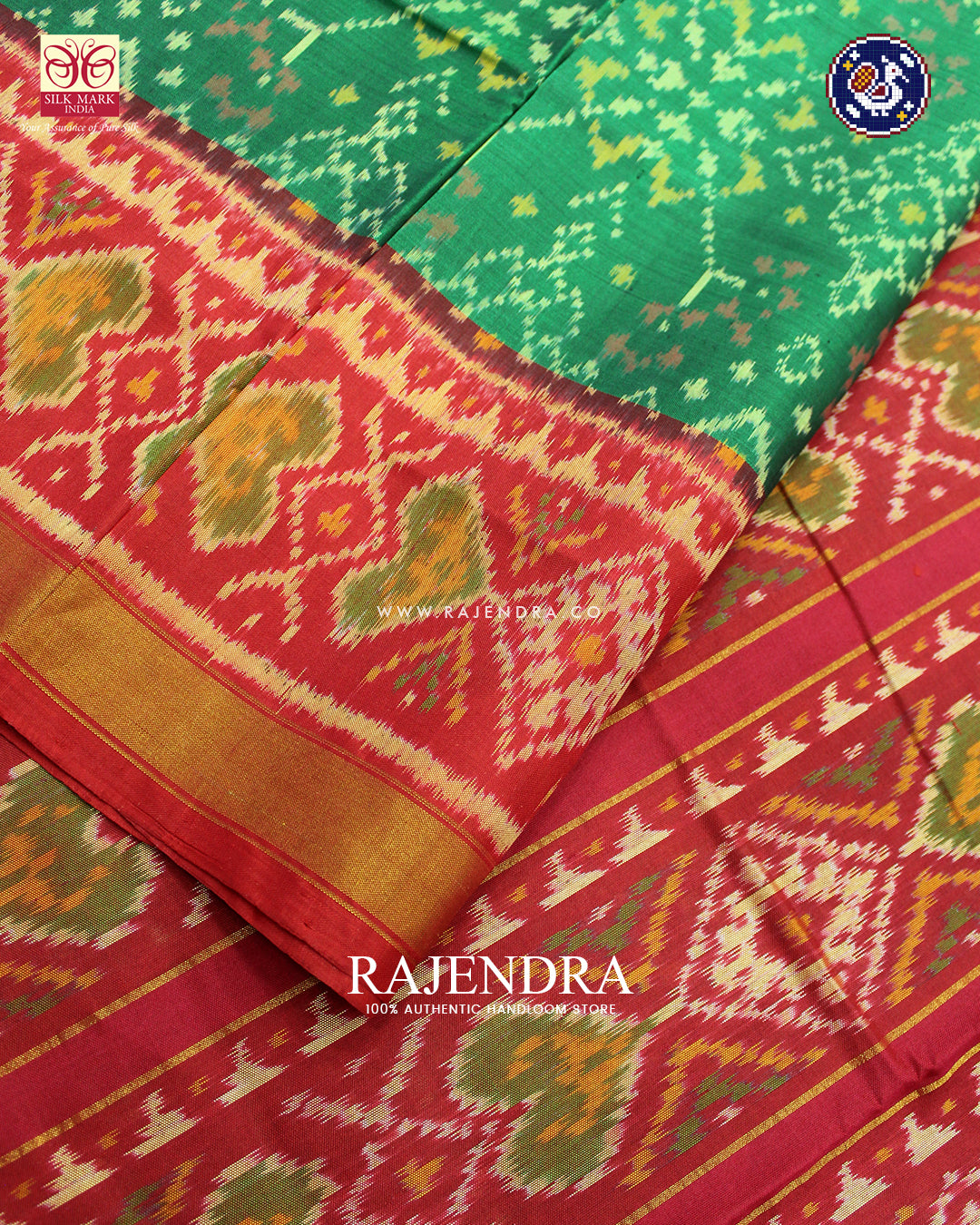 Traditional Navratna Design Red and Light Green Rajkot Patola Saree