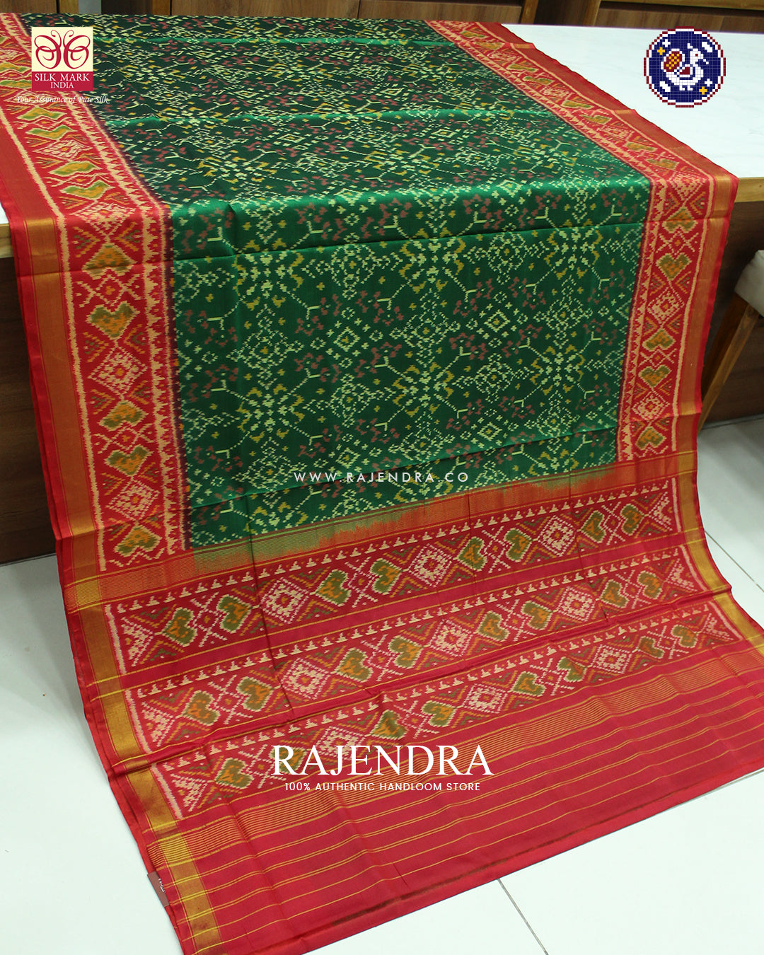 Traditional Navratna Design Red and Light Green Rajkot Patola Saree
