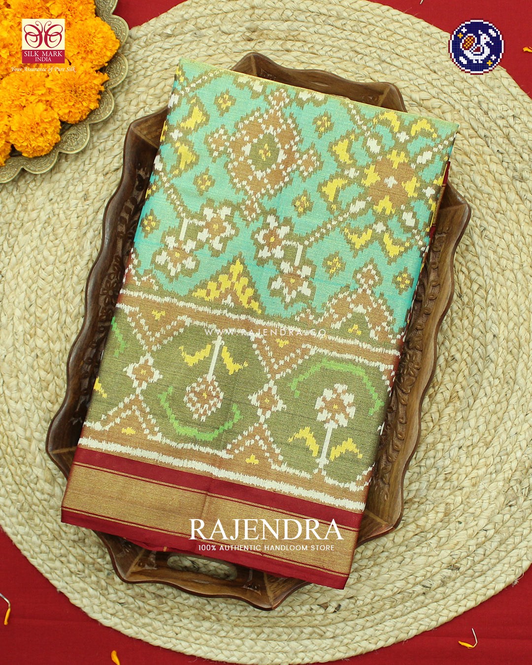 Traditional Navratna Design Red and Sea Green Zari Tissue Rajkot Patola Saree