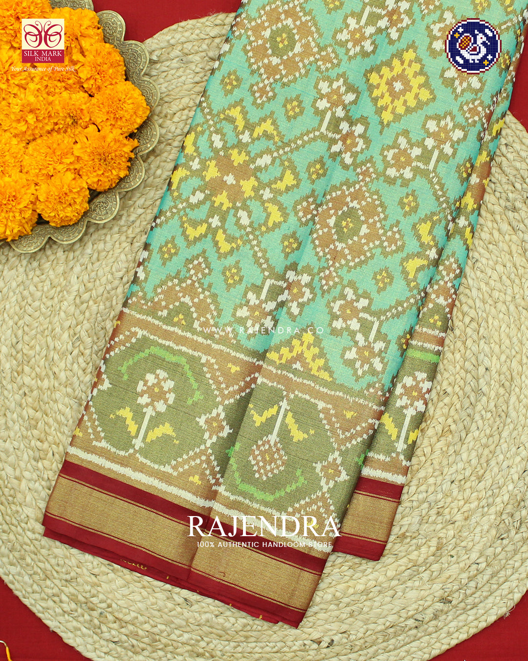 Traditional Navratna Design Red and Sea Green Zari Tissue Rajkot Patola Saree