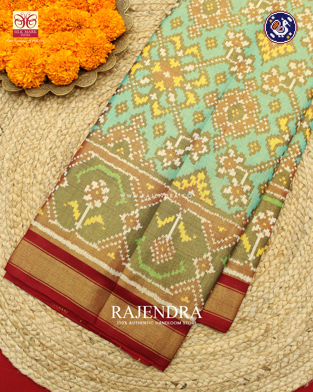 Traditional Navratna Design Red and Sea Green Zari Tissue Rajkot Patola Saree