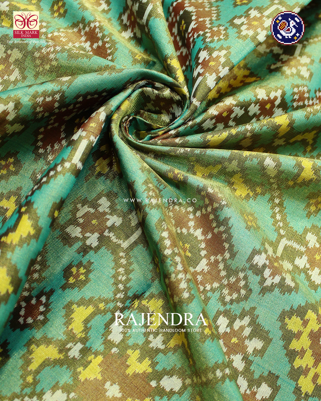 Traditional Navratna Design Red and Sea Green Zari Tissue Rajkot Patola Saree